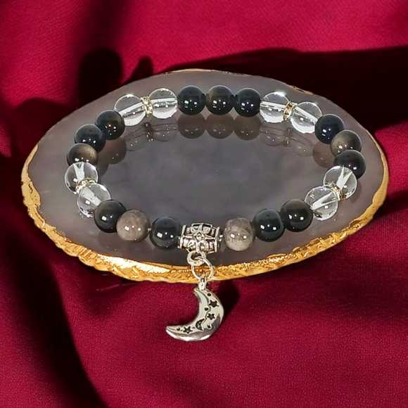 Silver Sheen Obsidian Clear Quartz Bracelet with Crescent Moon Charm Witchy Y2K - Picture 1 of 9